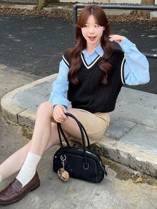 DAZY Women's Collegiate Style Casual Contrast Trim Knit Vest