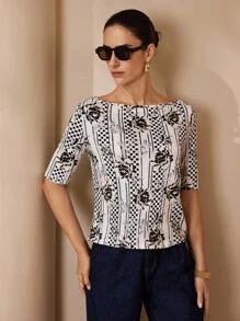 Shutterstock Glamance Women's Off Shoulder Fitted Mid-Sleeve Printed T-Shirt Women S Blouses For Summer Women S Work Tops Floral Print Top Half Sleeve Top Boat Neck Top Business Casual Outfits Elegant