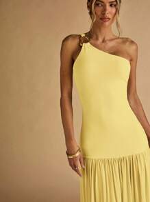 SHEIN BAE 女士杏色不对称肩部金属扣装饰紧身连衣裙，透明下摆，优雅 - 黃色 - 查看 7