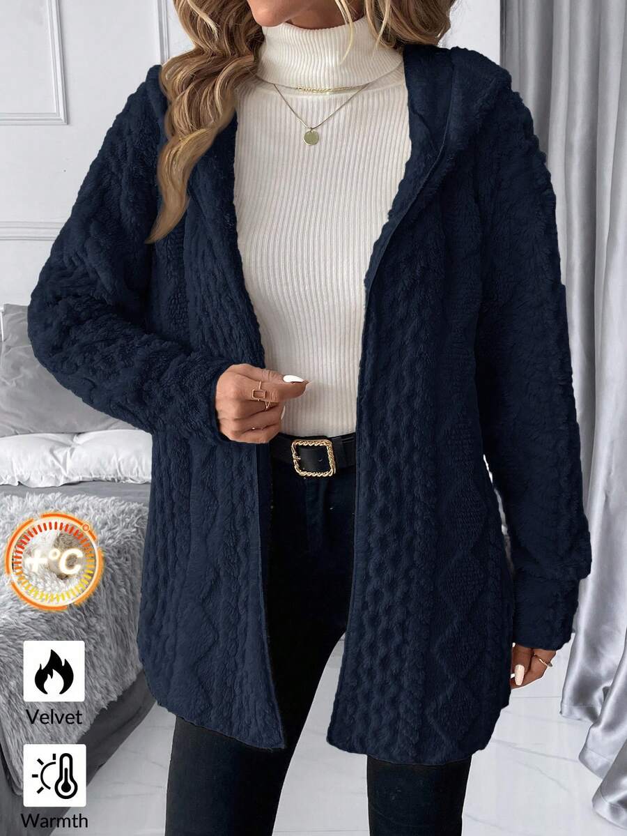 SHEIN Clasi 女式纯色落肩长袖休闲连帽纹理羊毛夹克 - 藏蓝色 - 查看 1
