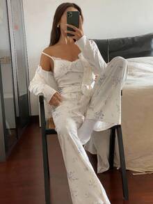 DAZY 3pcs/Set Floral Print Lace Patchwork Robe, Camisole Top & Pants Women Pajama Set, Fall Winter Clothes