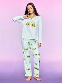 Women Cartoon Avocado Print Pajama Top And Bottom Set