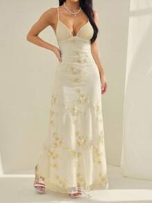 SHEIN PETITE Women's Sexy Elegant Deep V Ruched Bust Embroidered Fitted Waist Romantic Embroidered Dress Gold Long Dress Champagne Dress Low Cut Dress Goddess Dress Dress With Built In Bra - Apricot - View 4