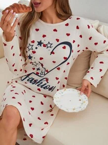 EURMUSE PLUS Women Cotton Round Neck With Heart Printed Lettered Long Sleeve Sleep Pajama Dress Long Sleeve Pajamas Dress Long Sleeve Nightgown Lounge Dress For Women Loungewear Dress