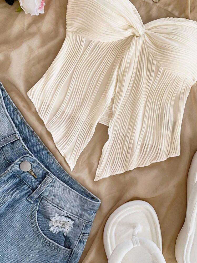 Soleia Top bandeau casual y sexy de tela con textura y corte con retorcido para vacaciones - Albaricoque - Añade 4