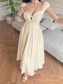 DAZY 纯色V领蝴蝶结无袖中长连衣裙，适合女士婚礼穿着 - 白色 - 查看 4