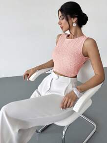 Firerie Women's Apricot Crew Neck Sleeveless Backless T-Shirt Top, Textured Fabric Top, Summer Top, Women's Casual Holiday Top