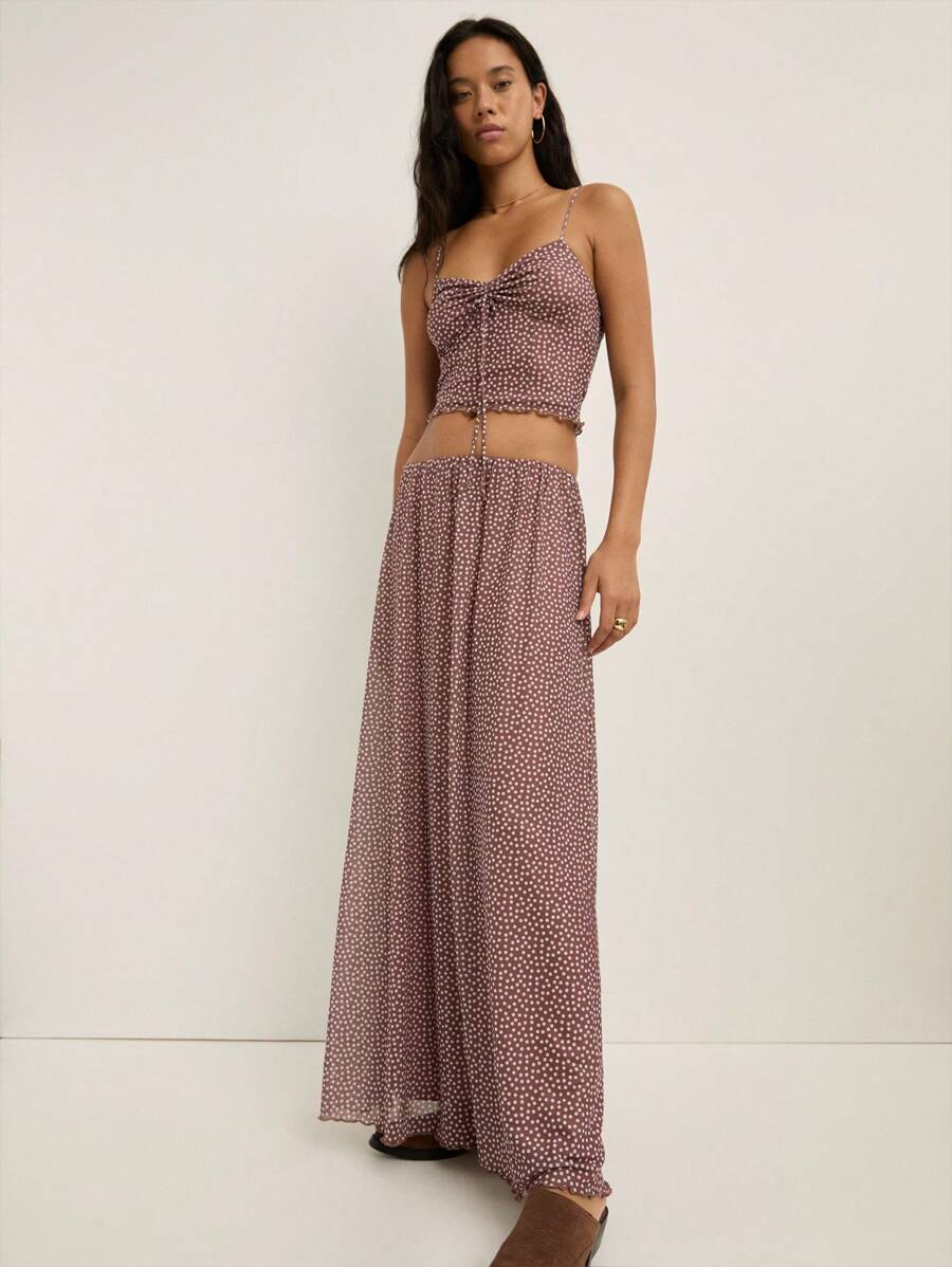 Nöista Polka Dot Brown Set For Women With Delicate Straps, All-Over Micro Print, And A Ruched Bodice With Drawstring Detail. The Flowy Silhouette And Lightweight Material Make It Perfect For A Summer Look. - Brown - View 1