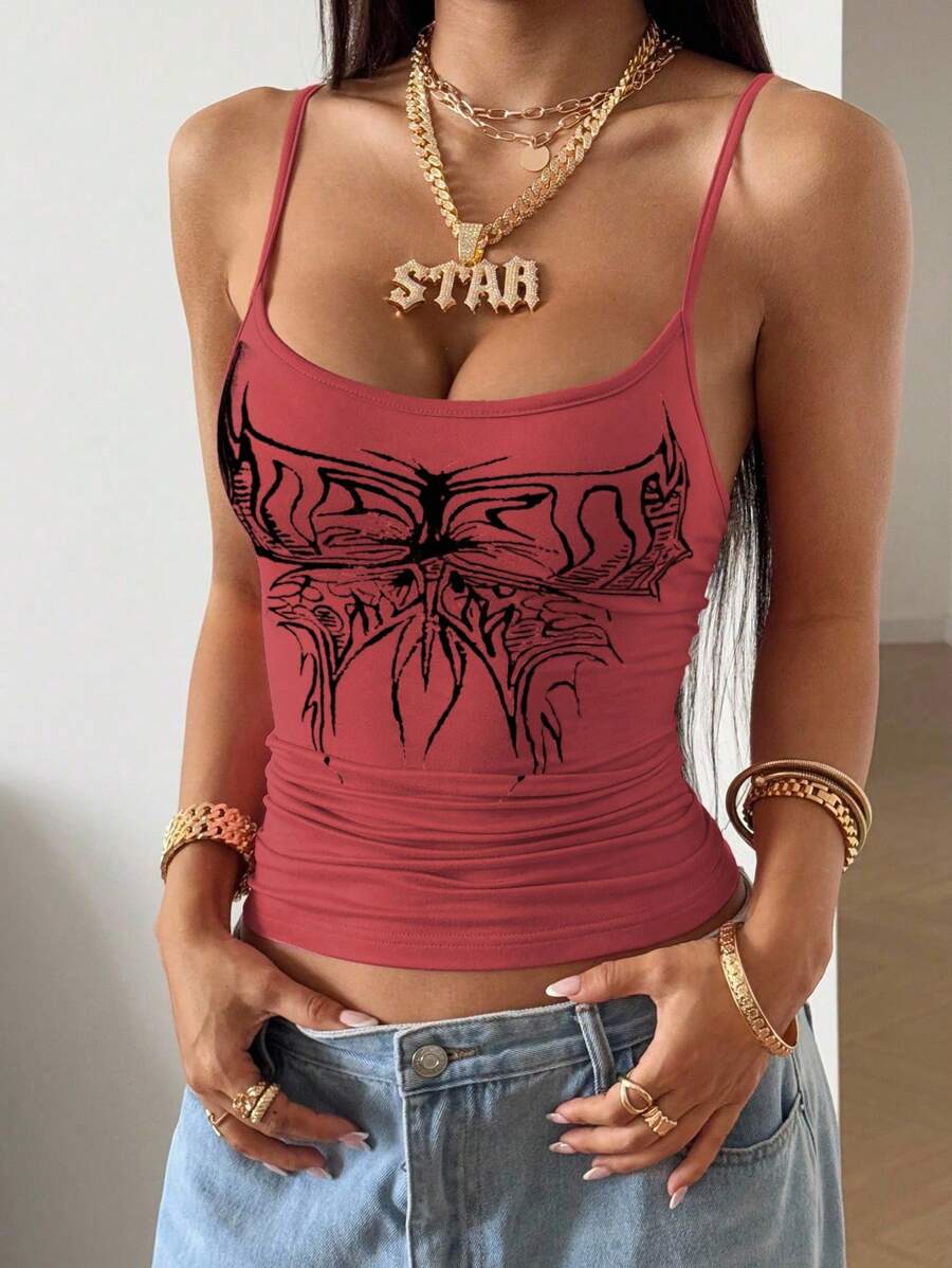 StreetHx Streetwear 女款 Y2K 休闲蝴蝶图案吊带背心 - 紅色 - 查看 1