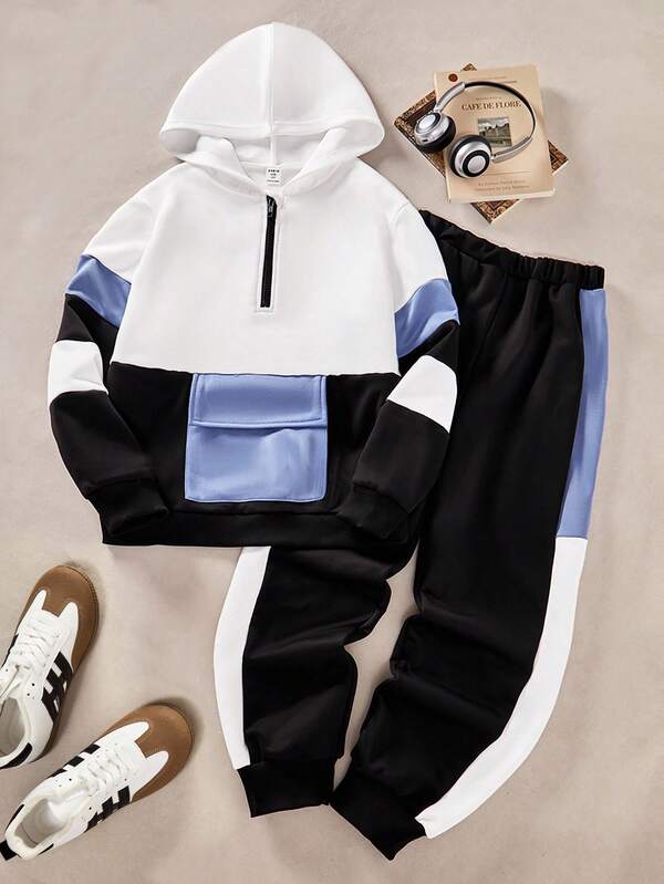 SHEIN Set de 2 piezas: Sudadera con capucha de color contrastante con bolsillos cargo y pantalones casuales para niños, conjunto de regreso a la escuela y ropa deportiva para niños en 2025