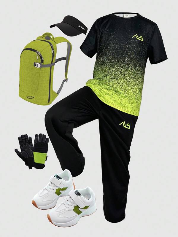 SHEIN Tween Boys' Sporty Casual Round Neck Short Sleeve T-Shirt And Jogger Pants Set