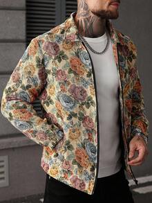 Manfinity Homme Men's Long Sleeve Street-Style Jacket, INS Matching, Jacquard Jacquard Fabric, Casual Wear, Gift For Boyfriend/Husband, Anniversary Gift, Zip-Up Jacket Men Floral Jacket , Fall - Multicolor - View 4