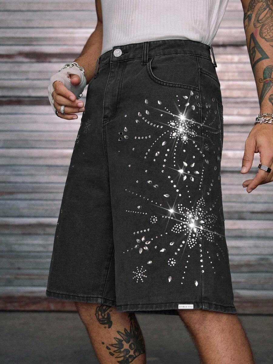 AXEPEAK Quần short denim ống rộng đính đá pha lê kiểu dáng đường phố thời trang, dài vừa phải, phong cách Emo dành cho nam - Màu xám đen - Xem 1