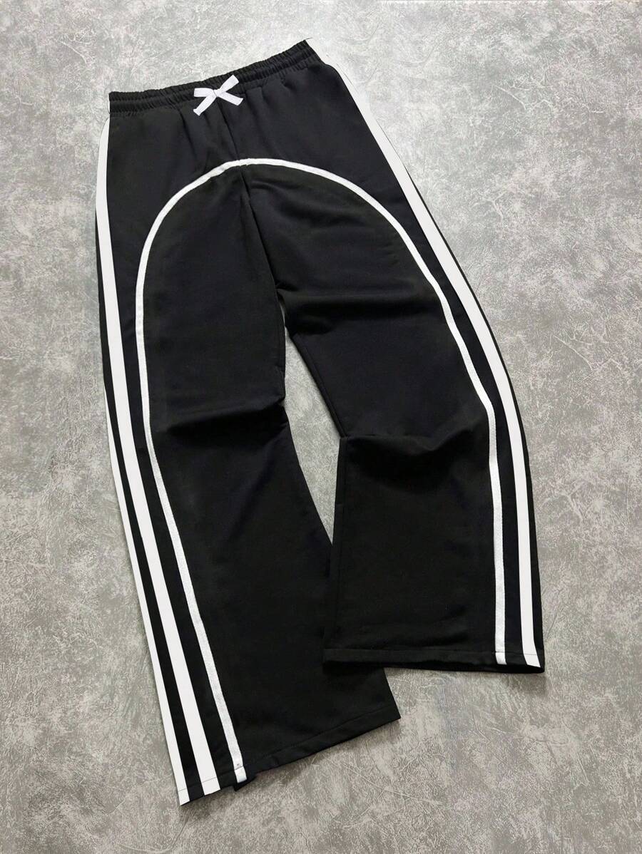 SHEIN Bolty 男童休闲日常百搭舒适撞色罗纹腰带阔腿针织运动裤，适合儿童服装、返校季男童套装、生日派对、晚宴、演出、婚礼、洗礼、开幕式、日常穿着、上学、旅行、运动，加厚保暖内衬，适合秋冬季穿着，喇叭裤型，黑色运动裤，Y2K风格，秋季必备 - 黑色 - 查看 1