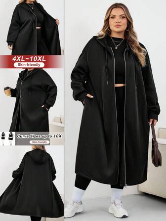 SHEIN CURVE+ Lång jacka med huva i plusstorlek för kvinnor, lämplig för höst-/vinterkläder för kvinnor, vinter, CURVE PLUS svart kappa med huva/höst/vinter