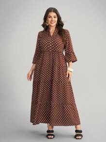 Comfylo 大码粉色碎花休闲四层连衣裙 - 卡其色 - 查看 4