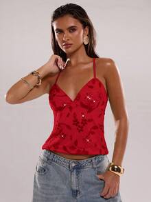SHEIN BAE Women's Summer Sequin Floral Delicate Elegant Camisole Top - Red - View 3