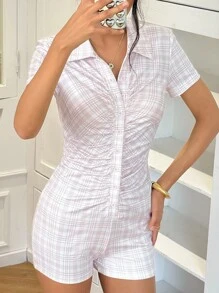 Chiquease Bộ đồ liền thân kẻ caro cài nút thoải mái, dễ mặc cho nữ, trang phục mùa hè, phù hợp cho trường đại học - Hồng - Xem 3