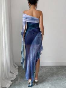 Rafferiza 渐变印花单肩褶皱荷叶边连衣裙 女士夏季连衣裙 大学正式场合礼服 蓝色长裙 独特露肩礼服 单肩连衣裙 - 深色水洗藍 - 查看 3