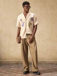 AKNOTIC Áo len cardigan tay ngắn dáng rộng thoải mái cho nam - Màu be - Xem 3