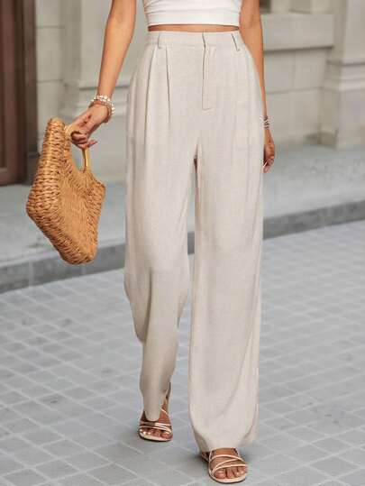 SHEIN VCAY 女性純色寬鬆休閒寬腿褲,適合度假和日常穿著