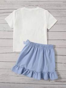 SHEIN Tween Girl Letter & Leopard Print Tee & Ruffle Trim Tie Side Wrap Skirt - Blue and White - View 2