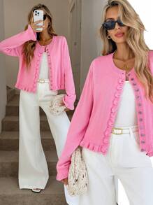 Easowa Fall Winter Women's Single Breasted Long Sleeve Casual Ruffle Trim Knit Sweater Pink Cardigan Women Pink Cropped Cardigan Back To School Business Casual Woman Office Fall Women Sweaters Fall Sweaters Women Sweaters Knit Sweater