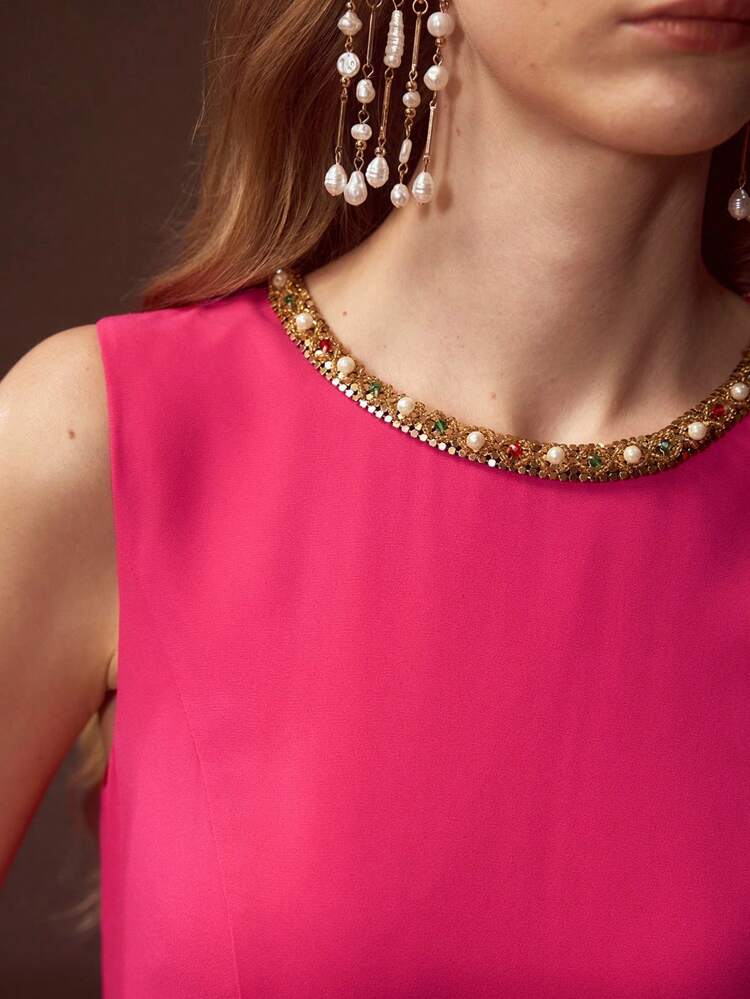 ELEGANT RHINESTONE PLEATED WAIST MIDI DRESS