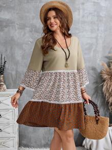 EMERY ROSE Übergröße, Urlaub, lässig, dreilagig, farblich abgestimmt, Blumennähte, Spitzendekoration, lockeres Babydoll-Kleid, Rundhalsausschnitt, knielanges Kleid, Boho-Kleid, Übergröße, Blumenmuster, Übergröße, Sommerkleid in Übergröße, Herbstkleider für Damen, Country-Konzert-Outfit, Übergröße, Boho-Kleid, Übergröße, Blumenkleid - Verschiedenfarbig - Übersicht 6