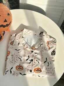 Franclia 女士休闲H型翻领长袖印花衬衫，适合万圣节、秋冬季 - 彩色 - 查看 3