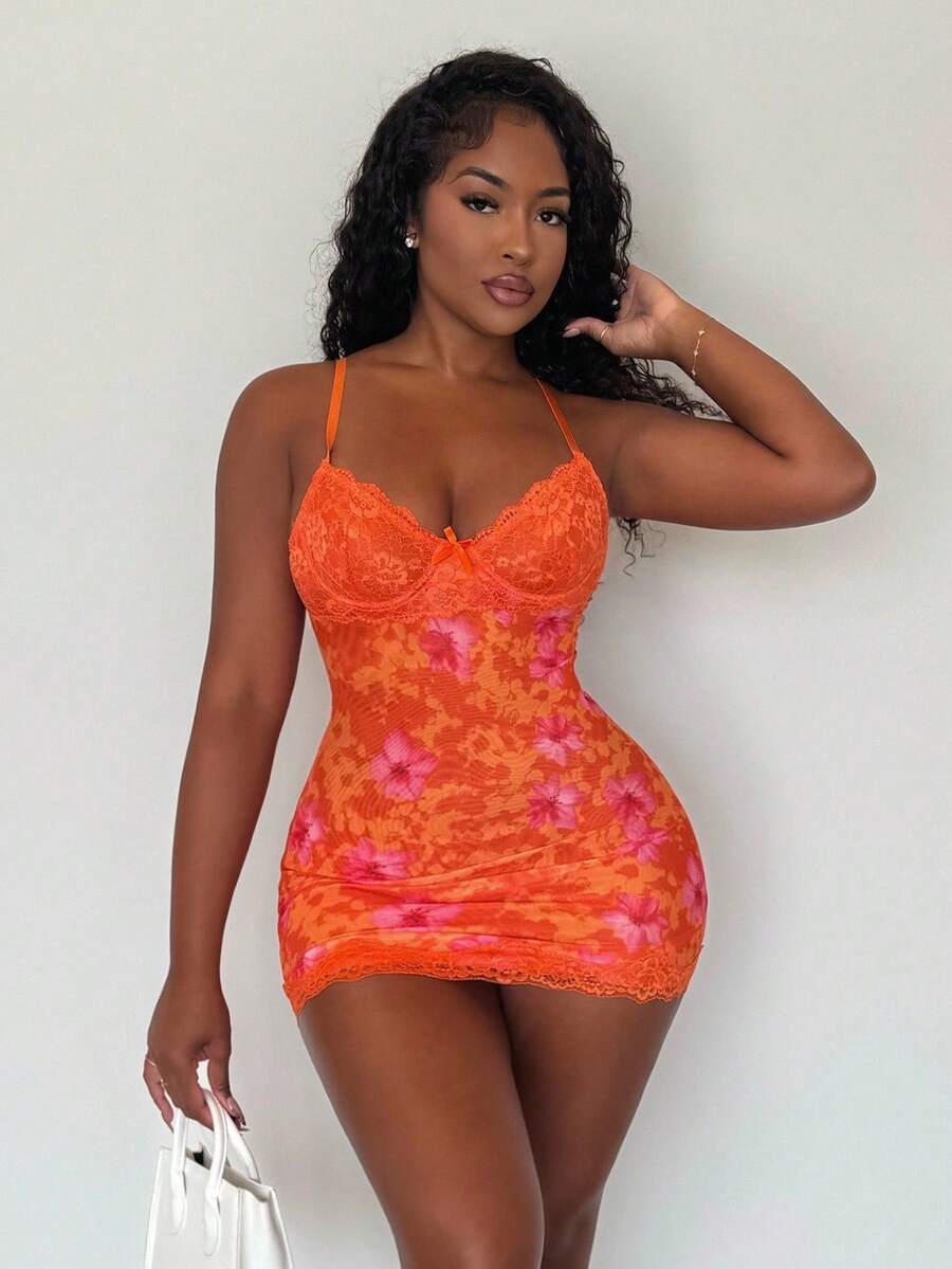 Alexandranx Lace Cup Detail Tropical Floral Mesh Bodycon Mini Dress,Bohemian Clothes - Orange - View 1