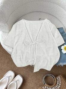SHEIN LUNE White Front Tie Knit Fabric T-Shirt Top, Sexy, Cute, Fashionable & Casual, Suitable For Matching