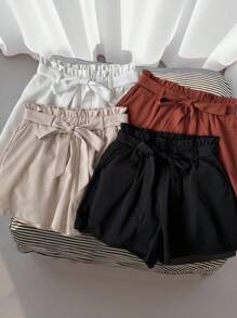 INAWLY Women Solid Color Waist Band Paper Bag Waist Casual Shorts