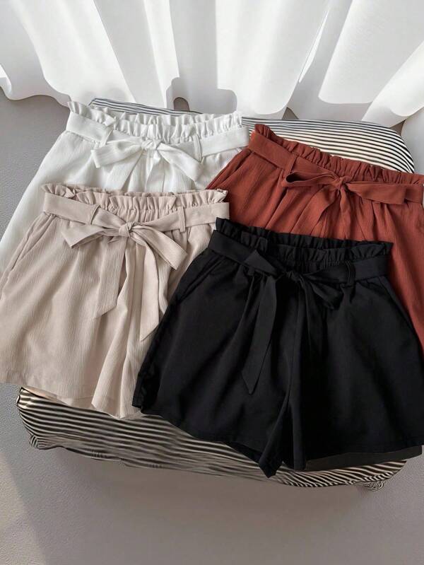 INAWLY Pantalones cortos informales para mujer de unicolor con cintura tipo bolsa de papel