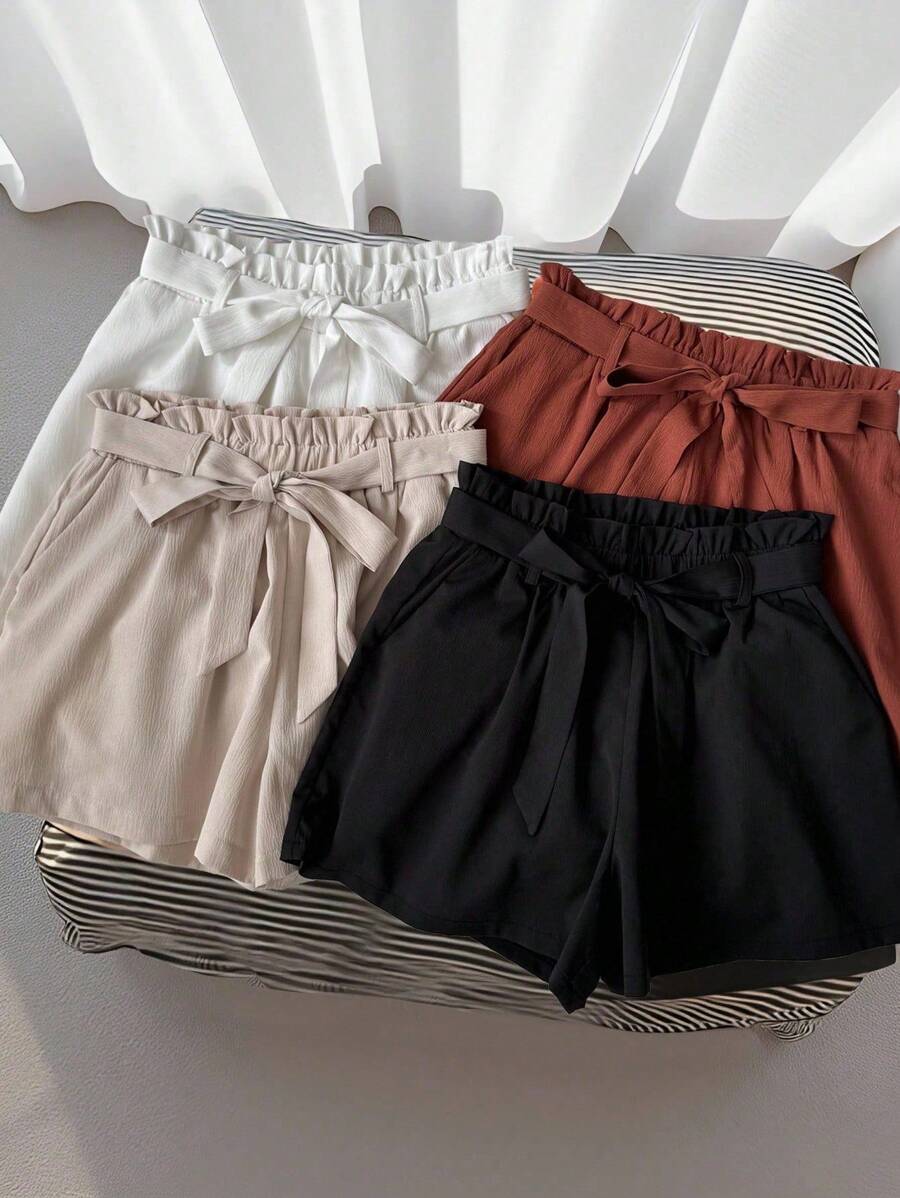 INAWLY Women Solid Color Waist Band Paper Bag Waist Casual Shorts