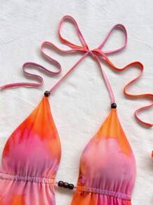 Soleia 女士浪漫针织网眼日落渐变印花深 V 领露背褶饰紧身迷你连衣裙，适合节日、约会、下午茶、海滩度假、城市旅行、婚礼季、音乐节、波西米亚风度假，可内外穿着