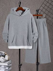 SHEIN Teen Boys Fleece Grey 2 In 1 Sweatshirt & Pants Set, Casual College Style, Comfortable, Fashionable, Versatile, Soft Fabric, Suitable For Daily Wear, School, Travel, Outdoor Sports, All Seasons Grey Sweatsuit Grey Sweatpants Set Grey Hoodie And Sweatpants Set  Winter Clothes   Autumn Clothes    Tracksuit   Christmas   Winter Clothing   Pullover Fall