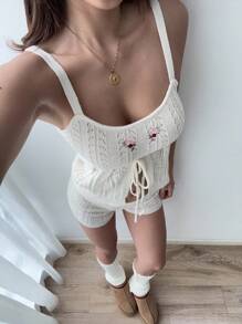 Sunnyshic Sexy & Cute Backless Camisole Top With Embroidery & Matching Embroidered Knit Shorts 2 Pieces Set, Versatile For Vacation - Apricot - View 1