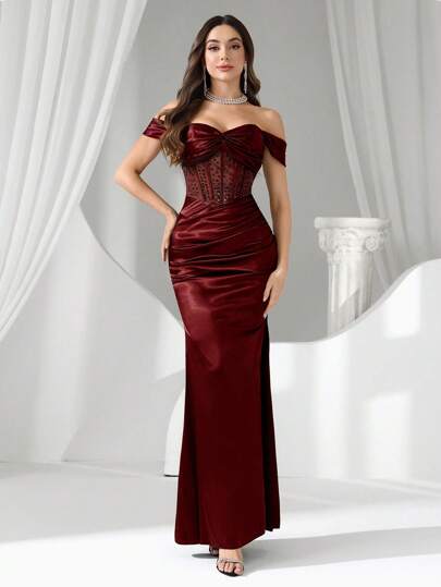 Coutiva Women's Elegant Off Shoulder Formal Evening Gown (Heavily Embellished)