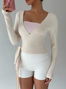 FavEase Cárdigan envolvente rosa para yoga, camiseta superior ceñida de manga larga con cuello en V, suave y elástica, diseño minimalista elegante que combina con todo, esencial para primavera/otoño - Albaricoque - Ver 7