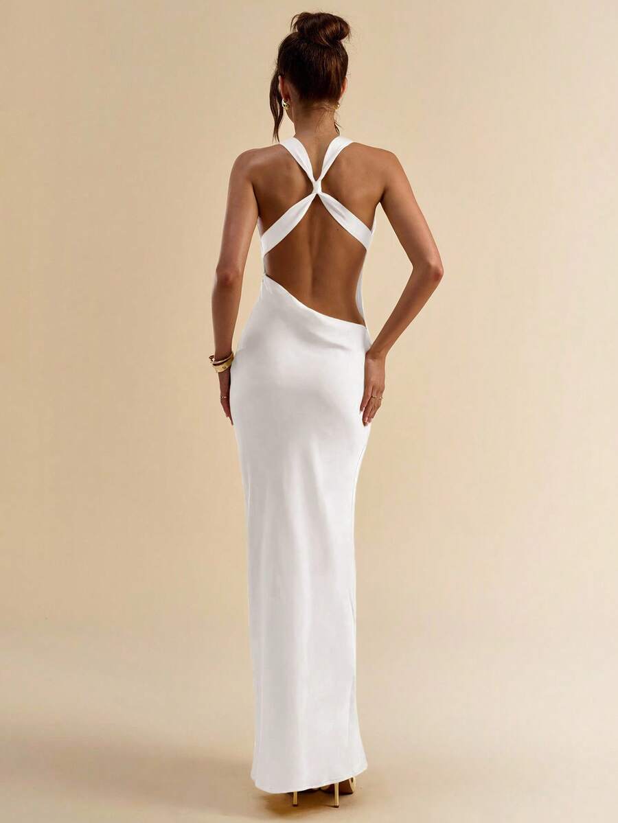 SHEIN BAE 女式夏季纯黄色垂坠领露背缎面连衣裙 - 白色 - 查看 1