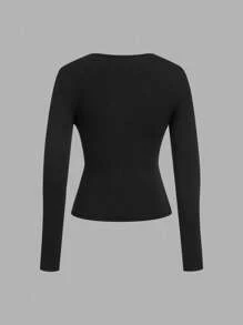 SHEIN EZwear 2 件黑色方领修身长袖休闲 T 恤套装，女士，秋冬 - 黑色 - 查看 11