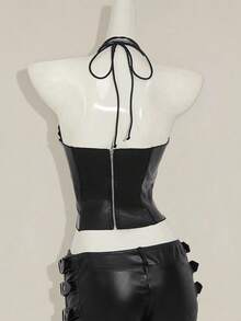 SHEIN ICON Women's Retro Sexy Avant-Garde Fashion Personalized Street Millennial Style Y2K Halloween Wear Sequined Leather Stitching Front Center Strap Pointed Hem Bat Shape Slim Fit Top - Black - View 2