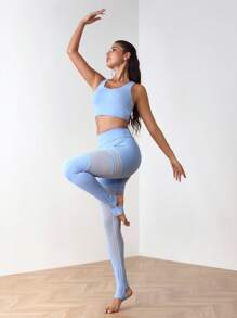 Menodora SHEIN Sport 女式纯色短款背心和网眼拼布紧身裤运动套装