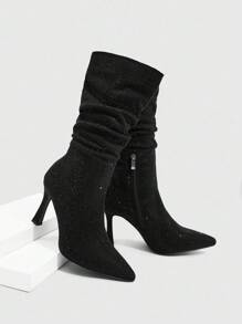 CUCCOO SZL Giày bốt cao gót mũi nhọn đính đá thời trang nữ màu đen, thanh lịch và gợi cảm cho tiệc tùng, đám cưới, sự kiện - màu đen - Xem 6