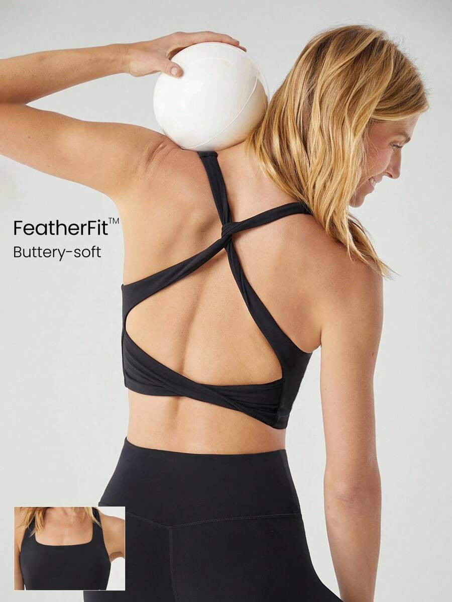 GLOWMODE FeatherFit™ Twisted Active Square Neckline Tank Light Support Low Impact Yoga Daily - Black - View 1