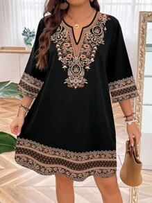 EMERY ROSE Plus Size Women's Vintage Style Embroidery Simple Daily Wear Dress