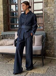 Livesso 女式两件套牛仔长袖衬衫配腰带和牛仔裤，秋季服装