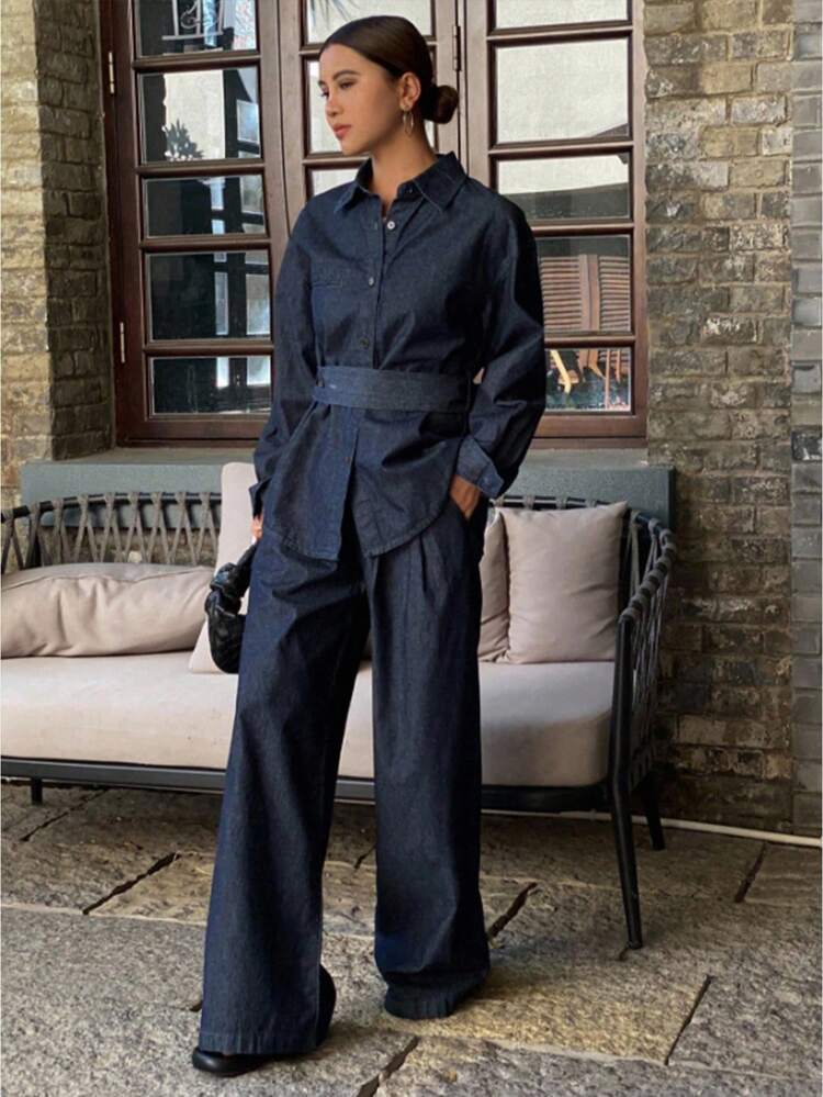 Conjunto de 2 piezas para mujer: camisa de manga larga de mezclilla con cinturón y jeans de mezclilla, ropa de otoño