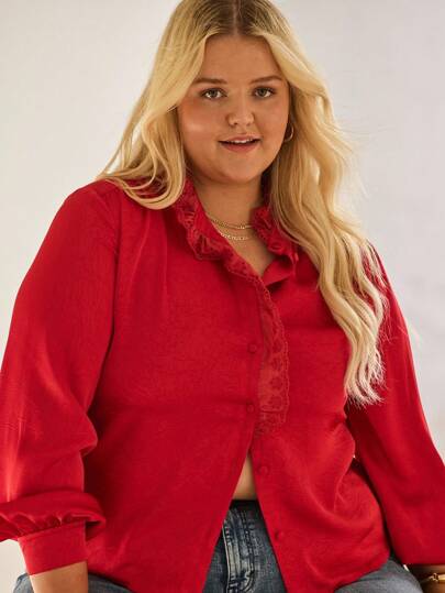 Aralina Plus Size Women's Fall/Winter Curve Cute Boho Long Sleeve Vintage Top With Lace Trim Perfect For Teacher And Going Out